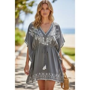 Rhea Grey Embroidered 100% Cotton Tunic Boho Kaftan Drawstring Wst NWT One Size